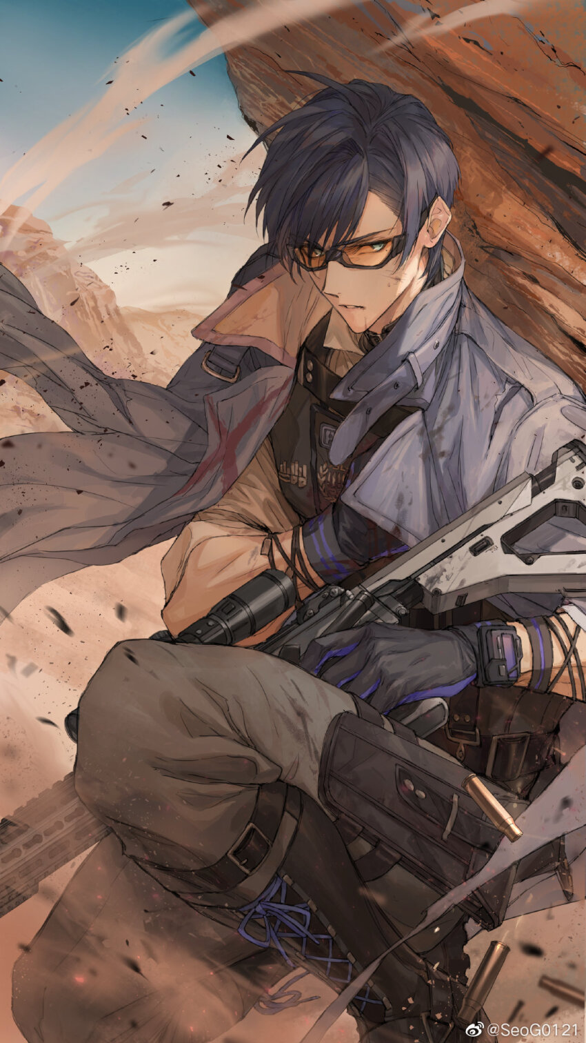 1boy, assault_rifle, belt, belt_pouch, black_boots, black_collar, black_gloves, blood