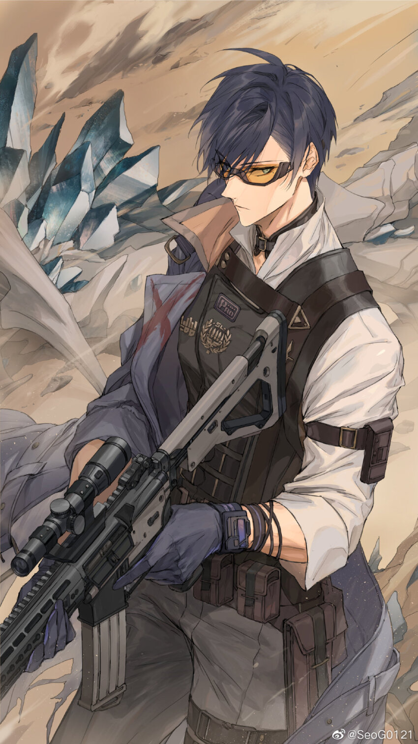 1boy, :|, arm_out_of_sleeve, assault_rifle, belt, belt_pouch, black_collar, blue_coat, blue_eyes, blue_gloves, blue_hair, brown_belt, bulletproof_vest, clarence_clayden, clarence_clayden_(eden), closed_mouth, coat, collar, cowboy_shot, crystal, dark_blue_hair, gloves, grey_pants, gun, highres, holding, holding_gun, holding_weapon, looking_at_viewer, lovebrush_chronicles, male_focus, mole, mole_under_eye, monster, official_art, orange-tinted_eyewear, outdoors, pants, popped_collar, pouch, rifle, safety_glasses, sand, scope, seomouse, serious, shirt, short_hair, sideways_glance, sleeve_garter, sleeves_rolled_up, solo, standing, swept_bangs, thigh_belt, thigh_strap, tinted_eyewear, trigger_discipline, watch, watermark, weapon, weibo_watermark, white_shirt, wristband, wristwatch