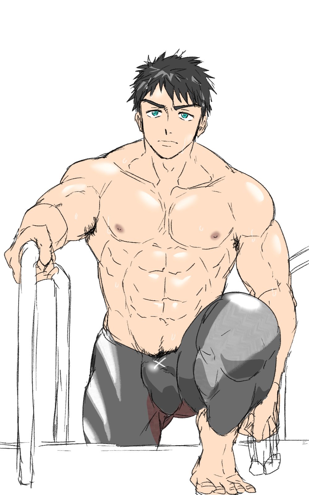 1boy, abs, armpit_hair, armpit_hair_peek, bara, black_hair, black_male_swimwear, blue_eyes