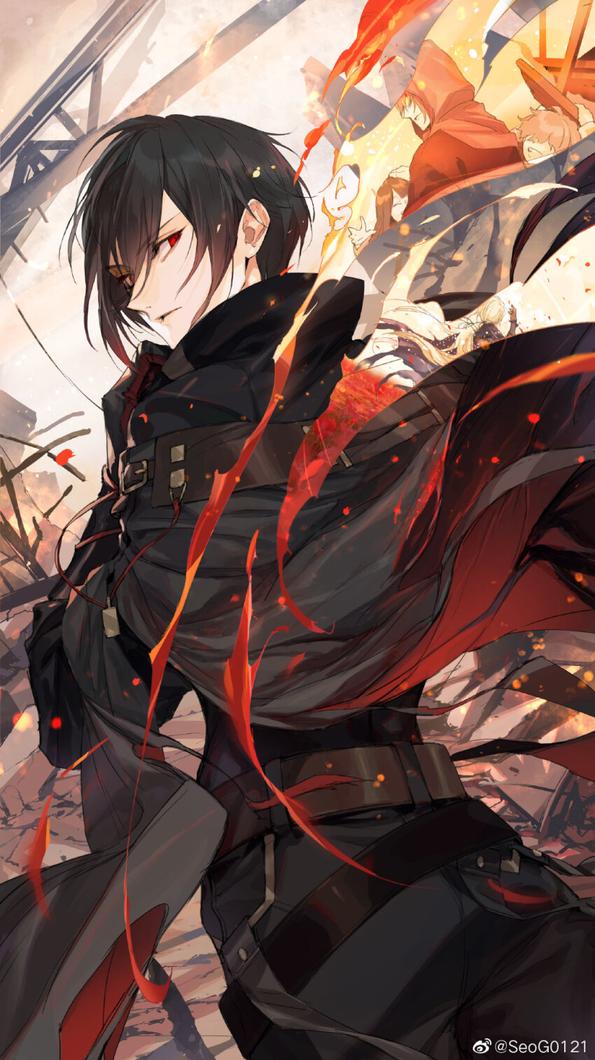 1boy, ayn_alwyn, ayn_alwyn_(eden), belt, black_cloak, black_gloves, black_hair, black_jacket