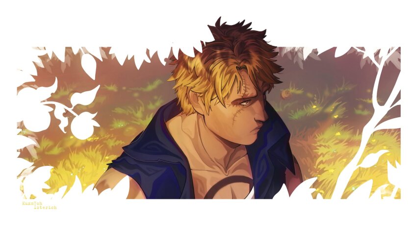 1boy, bellamy_(one_piece), blending, blonde_hair, border, chest_tattoo, cropped_torso, forest