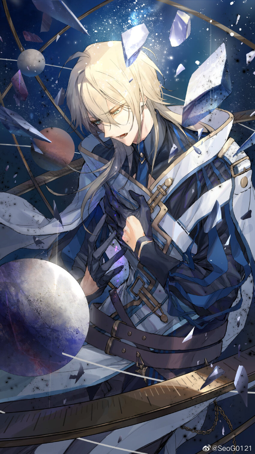 1boy, alkaid_mcgrath, alkaid_mcgrath_(eden), armillary_sphere, belt, black_shirt, blonde_hair, blue_necktie