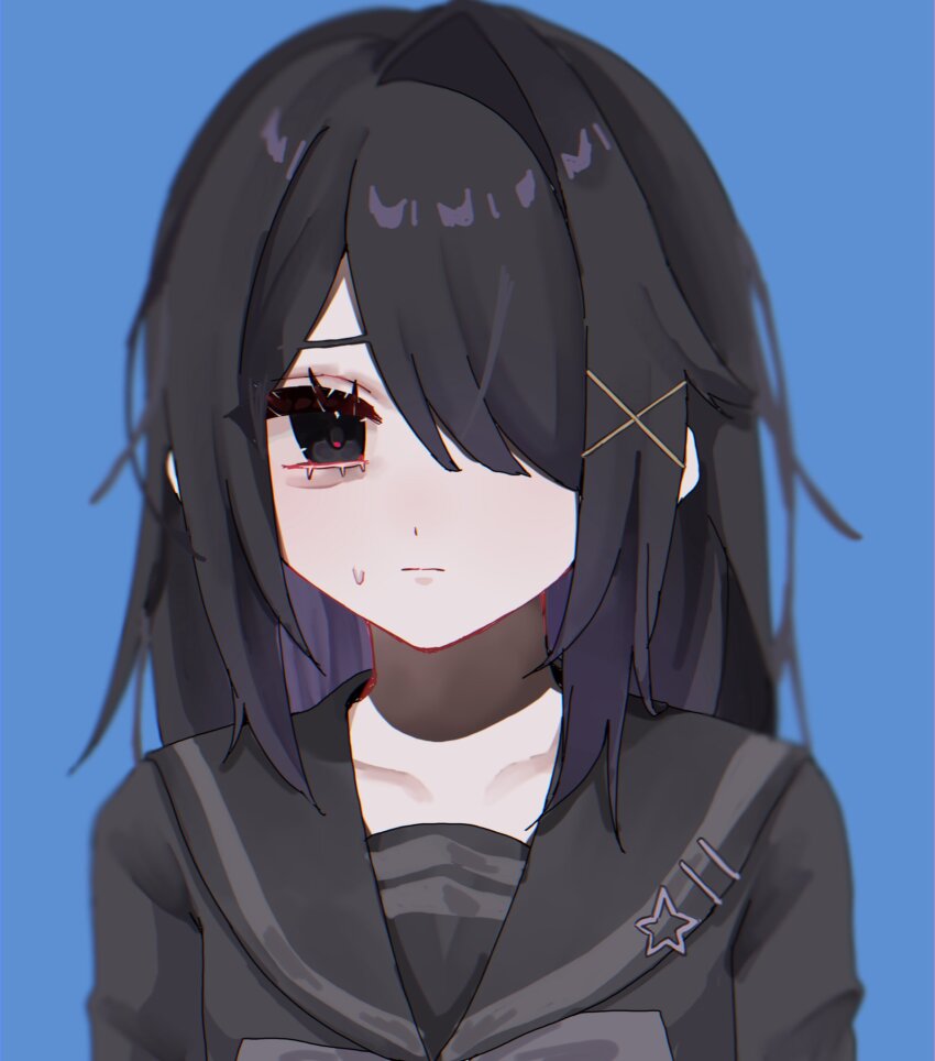 1girl, aegyo_sal, ame-chan_(needy_girl_overdose), ame-chan_(school_uniform)_(needy_girl_overdose), black_hair, black_shirt, blue_background, closed_mouth, hair_down, hair_ornament, hair_over_one_eye, highres, long_hair, looking_at_viewer, needy_girl_overdose, official_alternate_costume, official_alternate_hairstyle, osakana_tarou_(sakana0_03), sailor_collar, shirt, simple_background, solo, sweatdrop, upper_body, x_hair_ornament