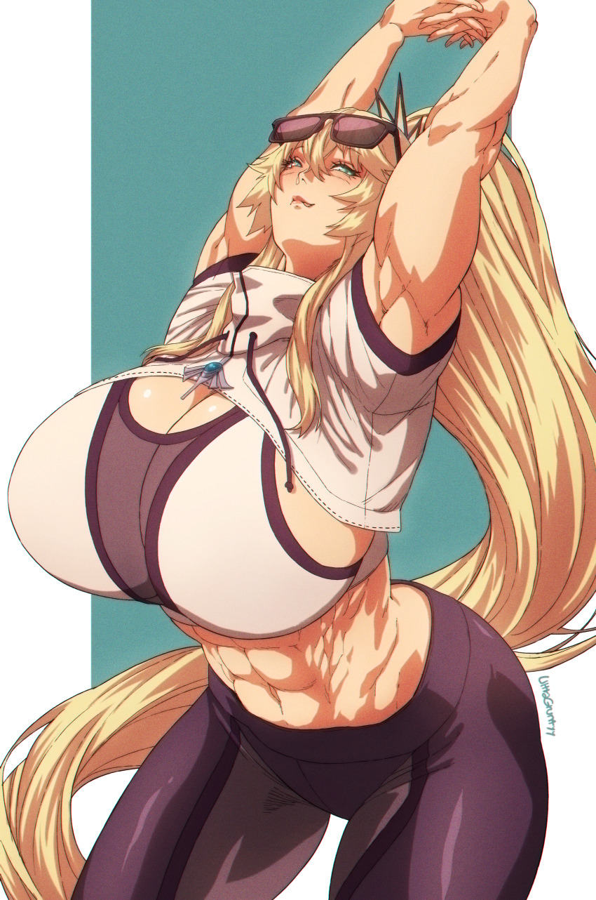 1girl, abs, absurdres, armpits, arms_up, barghest_(fate), barghest_(morgan_stadium)_(fate), barghest_(swimsuit_archer)_(fate), black_pants, blonde_hair, breasts, commission, cowboy_shot, eyewear_on_head, fate/grand_order, fate_(series), highres, huge_breasts, long_hair, looking_at_viewer, muscular, muscular_female, own_hands_together, pants, ponytail, signature, solo, stretching, sunglasses, thick_thighs, thighs, ultragruntyy, very_long_hair