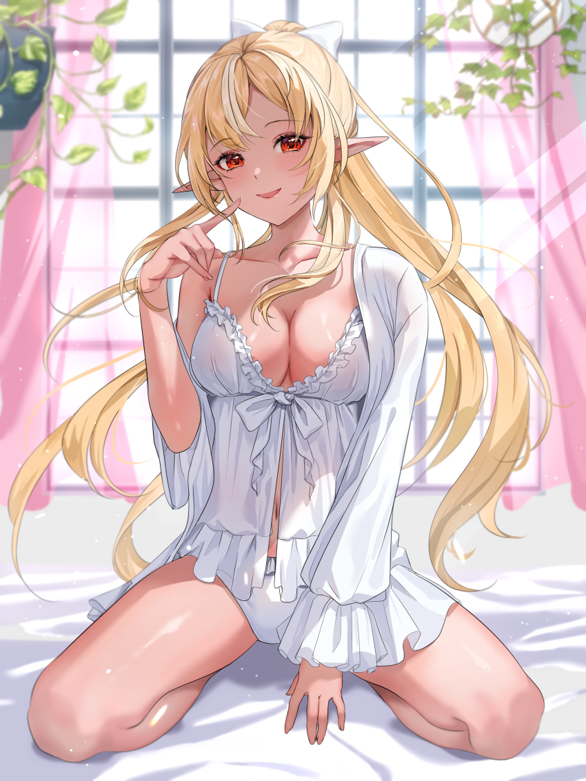 1girl, :d, absurdres, alternate_costume, bed_sheet, blonde_hair, blush, bow