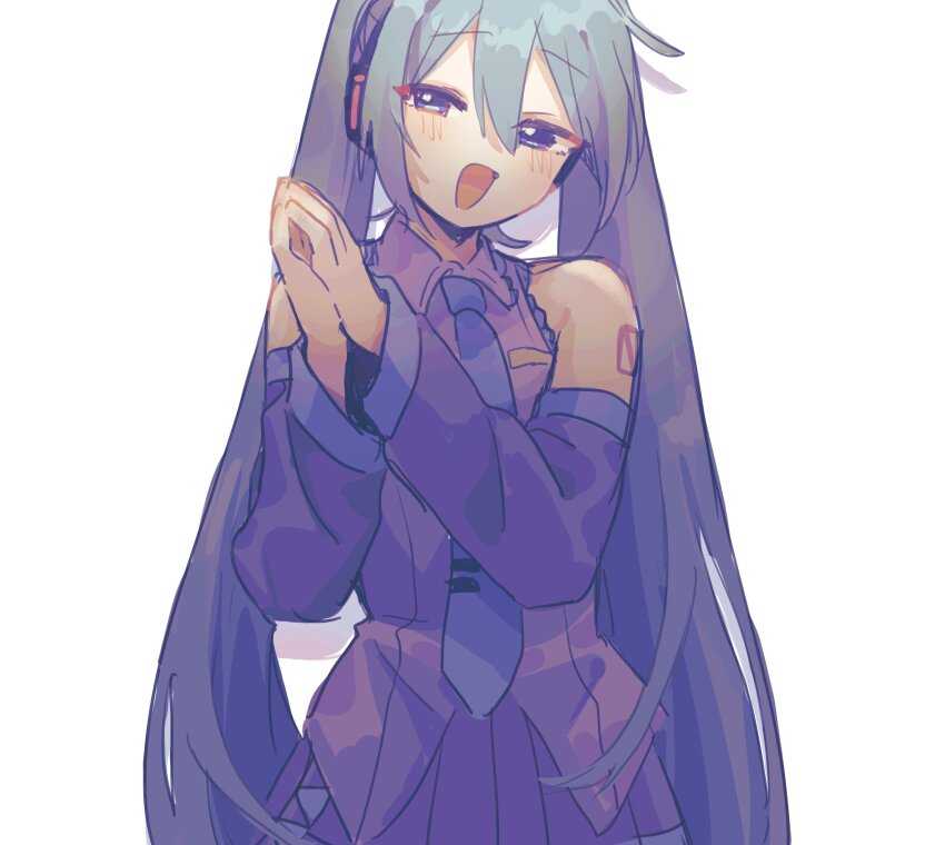1girl, absurdres, aqua_hair, detached_sleeves, fang, hatsune_miku, highres, long_hair