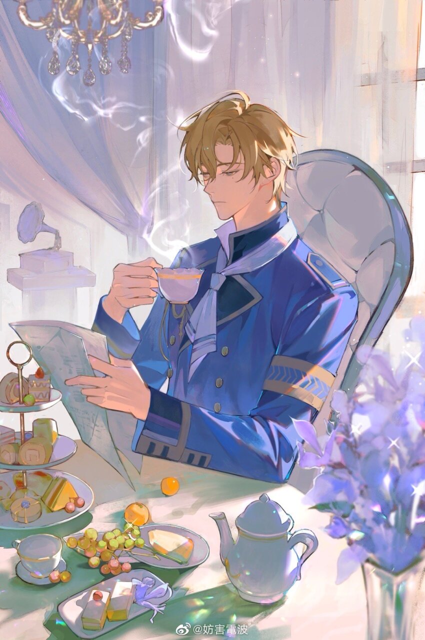 1boy, banquet_of_vesta, blonde_hair, blue_jacket, buttons, cake, cake_slice, chair
