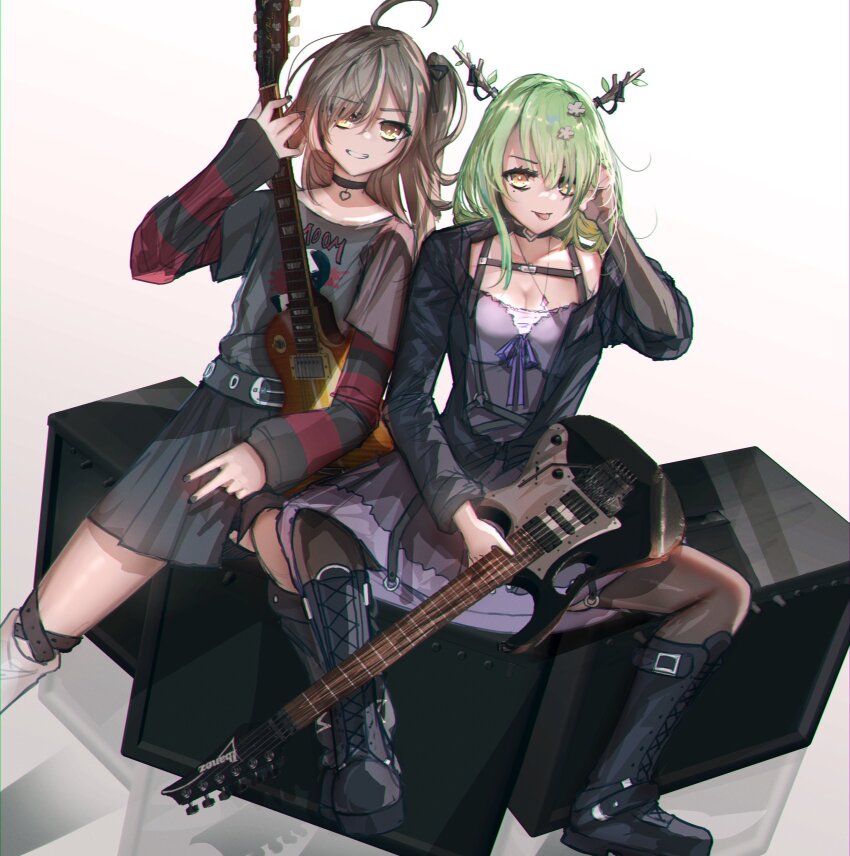 2girls, absurdres, advarcher, antlers, black_choker, black_dress, black_footwear, black_hair