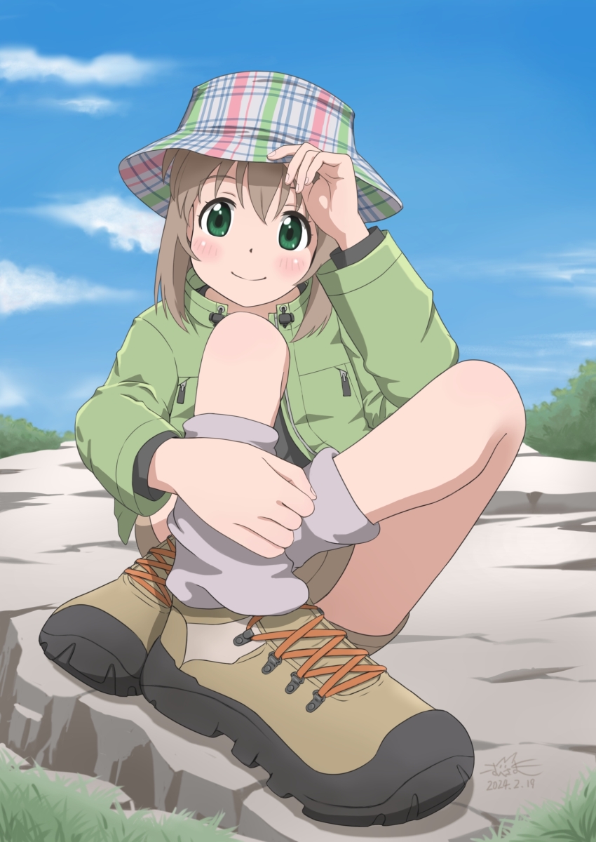 1girl, absurdres, black_shirt, blush, boots, cloud, dated, day, dot_nose, facing_viewer, female_focus, full_body, green_eyes, green_jacket, grey_hair, hair_ornament, hairclip, hat, highres, hiking_boots, hiking_outfit, jacket, looking_at_viewer, medium_hair, miniskirt, open_clothes, open_jacket, outdoors, shirt, sitting, skirt, sky, smile, solo, su6546age, yama_no_susume, yukimura_aoi