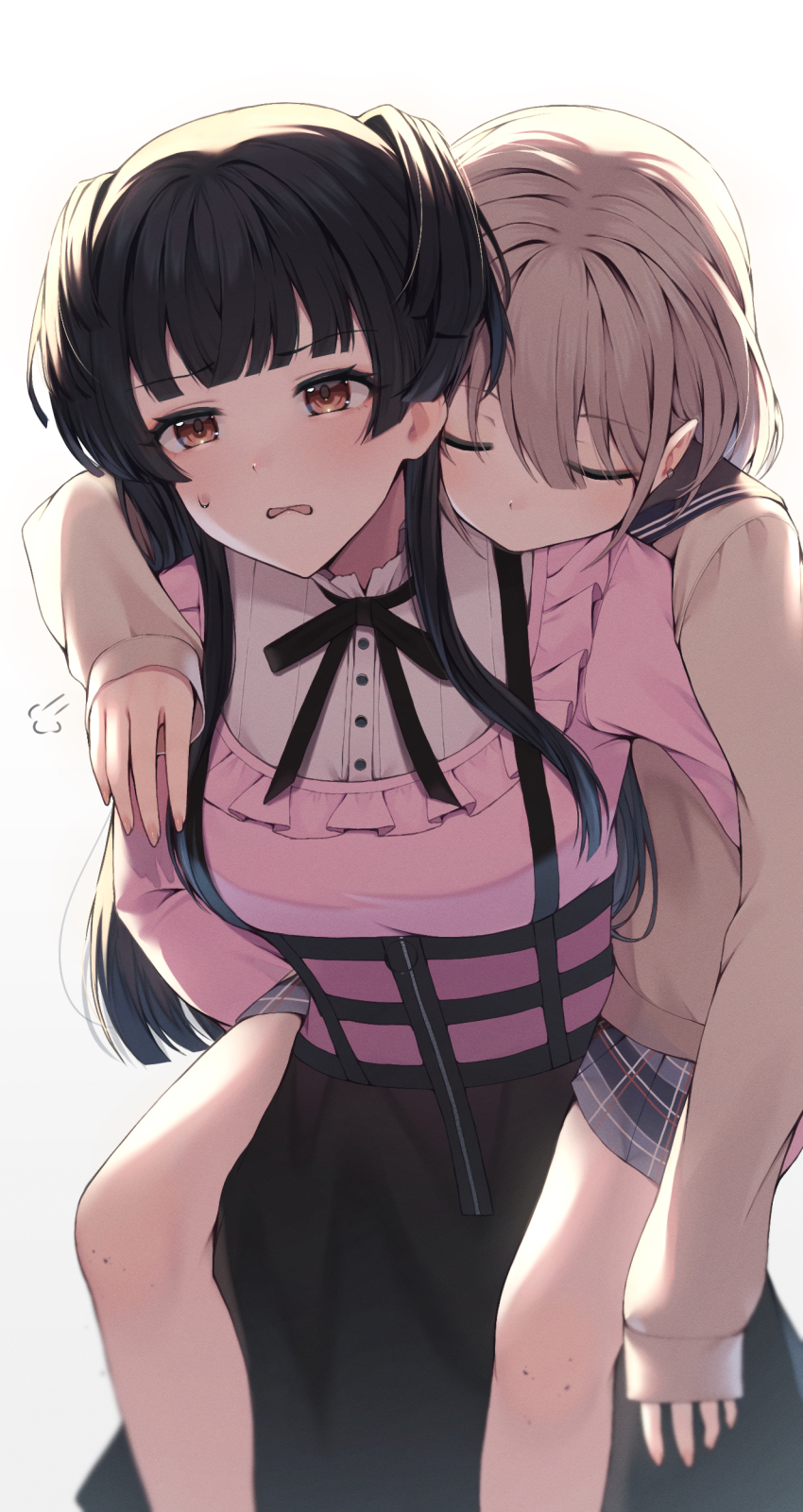 10_(user_cwuu4848), 2girls, absurdres, bare_legs, black_hair, black_skirt, blush, breasts