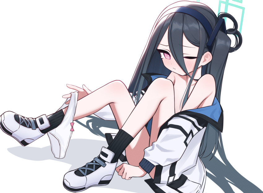 kei_(blue_archive), 1girl, absurdly_long_hair, absurdres, aruruaaaa, ass, black_hair, black_hairband, black_socks, blue_archive, blush, closed_mouth, green_halo, hairband, halo, highres, jacket, loli, long_hair, long_sleeves, one_eye_closed, open_clothes, open_jacket, panties, panties_around_leg, red_eyes, ringed_eyes, simple_background, socks, solo, underwear, very_long_hair, white_background, white_footwear, white_jacket, white_panties