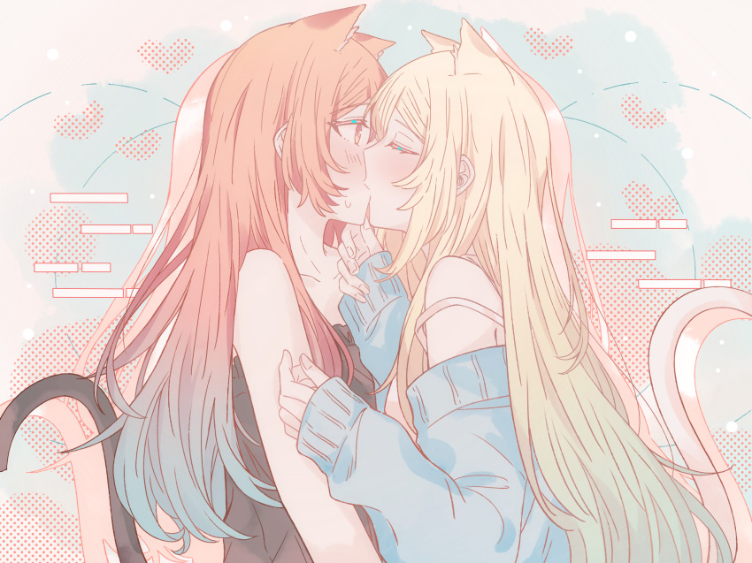 2girls, absurdres, animal_ears, bare_arms, black_dress, black_tail, blonde_hair, blue_sweater, brown_hair, cat_ears, cat_girl, cat_tail, closed_eyes, collarbone, dress, drop_shadow, facing_another, flat_chest, fuwa_aya, gradient_hair, green_background, green_hair, hand_on_another's_chin, hands_up, heart, highres, kiss, kousaka_0v0, long_sleeves, looking_at_another, multicolored_hair, multiple_girls, off-shoulder_sweater, off_shoulder, onna_doushi_toka_arienai_desho_to_iiharu_onnanoko_wo_hyakunichikan_de_tetteiteki_ni_otosu_yuri_no_ohanashi, polka_dot, polka_dot_heart, profile, sakakibara_marika, sidelocks, sleeveless, sleeveless_dress, sleeves_past_wrists, strapless, strapless_dress, sweatdrop, sweater, tail, tail_raised, two-tone_hair, white_tail, yuri