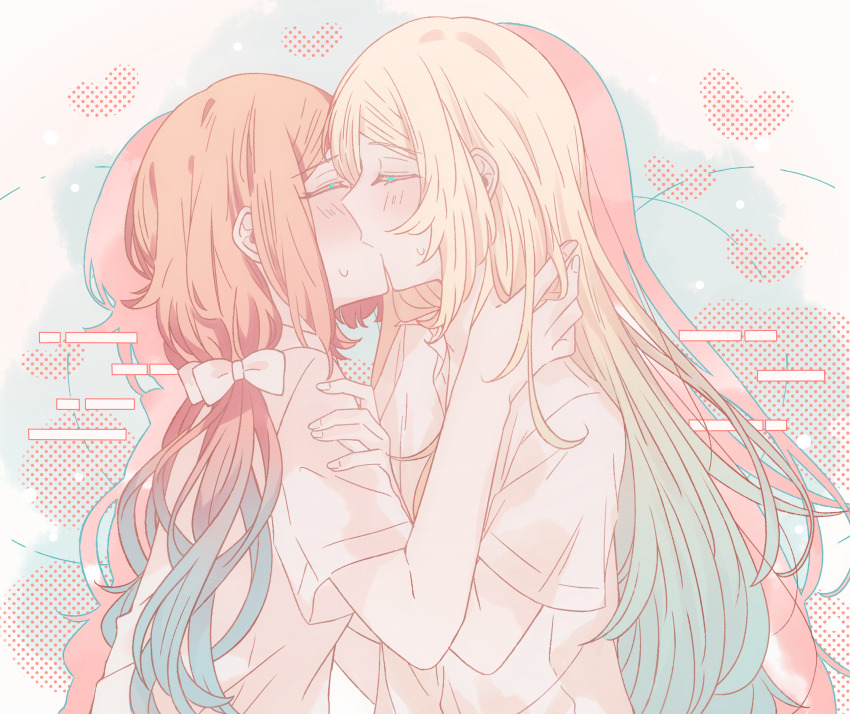 2girls, absurdres, bare_arms, blonde_hair, blush, brown_hair, closed_eyes, drop_shadow