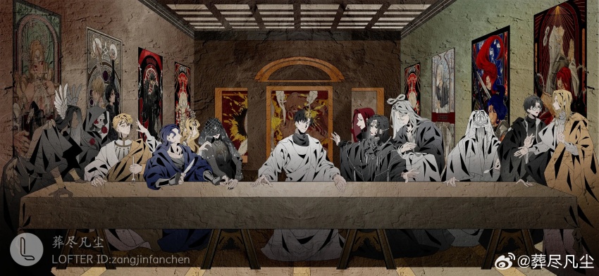 2girls, 6+boys, absurdres, adam_(lord_of_the_mysteries), amon_(lord_of_the_mysteries), ancient_sun_god, beard, black_hair, black_robe, blonde_hair, blue_hair, catholic, chinese_commentary, christianity, cloak, commentary_request, death_(lord_of_the_mysteries), earth_mother, eternal_blazing_sun, evernight_goddess, facial_hair, fine_art_parody, fork, god_of_knowledge_and_wisdom, grey_cloak, halo, highres, holding, holding_fork, holding_knife, holding_quill, indoors, jesus, knife, latin_text, lofter_logo, lofter_username, long_hair, looking_at_another, lord_of_storms, lord_of_the_mysteries, medici_(lord_of_the_mysteries), monocle, multiple_boys, multiple_girls, old, old_man, open_mouth, ouroboros_(lord_of_the_mysteries), outstretched_arms, painting_(object), parody, parted_lips, quill, red_hair, robe, sasrir_(lord_of_the_mysteries), short_hair, sitting, spread_arms, table, talking, the_last_supper, tiara, watermark, weibo_watermark, white_hair, white_robe, yellow_eyes, zangjinfanchen