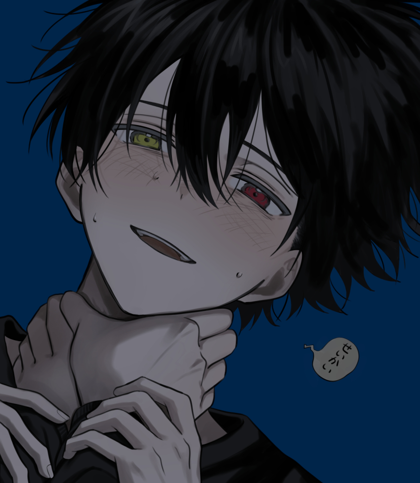 1boy, 1other, akanei6no_sora, black_hair, blue_background, blush, green_eyes, hair_between_eyes