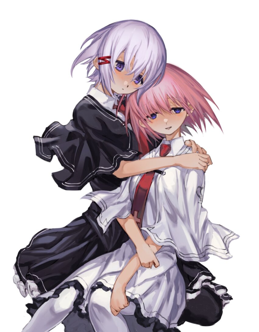 2girls, black_capelet, black_dress, black_pantyhose, blue_eyes, blush, capelet, dress