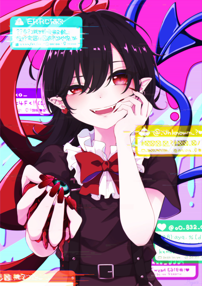 1girl, absurdres, ahoge, asymmetrical_wings, belt, black_belt, black_dress, black_hair