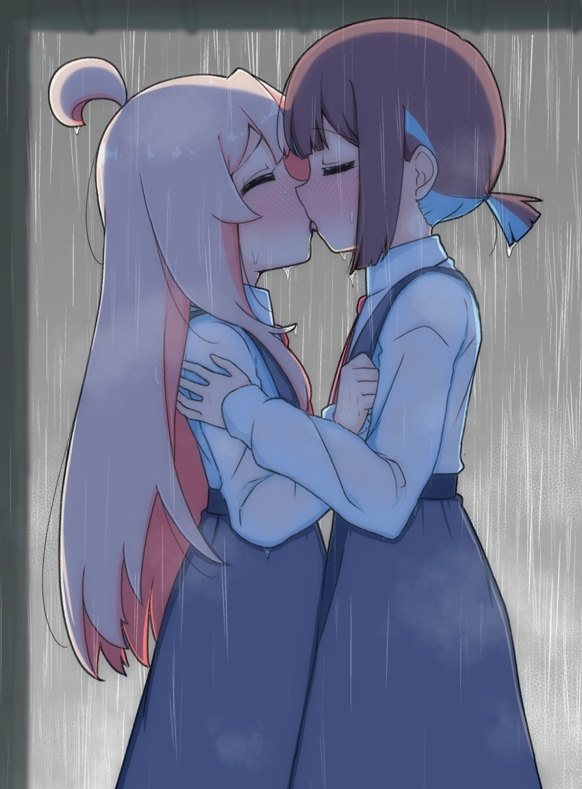 2girls, ahoge, black_skirt, blue_hair, blunt_bangs, blunt_ends, blush, brown_hair, closed_eyes, commentary, couple, french_kiss, from_side, genderswap, genderswap_(mtf), hand_on_another's_chest, hand_on_another's_shoulder, highres, hiro_(05112423), hozuki_momiji, kiss, long_hair, long_skirt, long_sleeves, multicolored_hair, multiple_girls, onii-chan_wa_oshimai!, oyama_mahiro, pink_hair, ponytail, profile, rain, school_uniform, shirt, short_hair, short_ponytail, skirt, standing, suspender_skirt, suspenders, tongue, tongue_out, two-tone_hair, water_drop, wet, wet_clothes, wet_hair, white_shirt, yuri