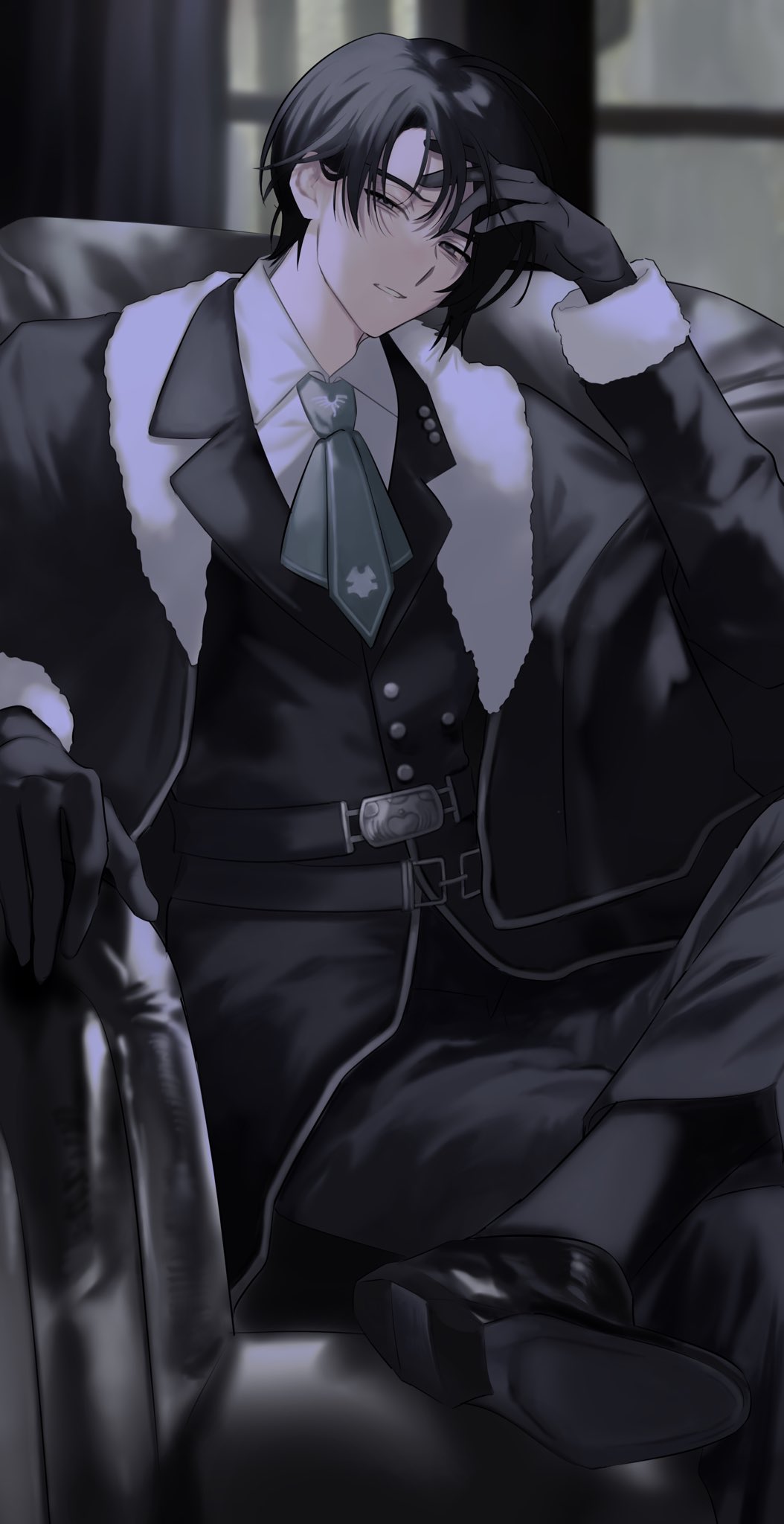 1boy, armchair, ascot, belt, black_belt, black_capelet, black_gloves, black_hair