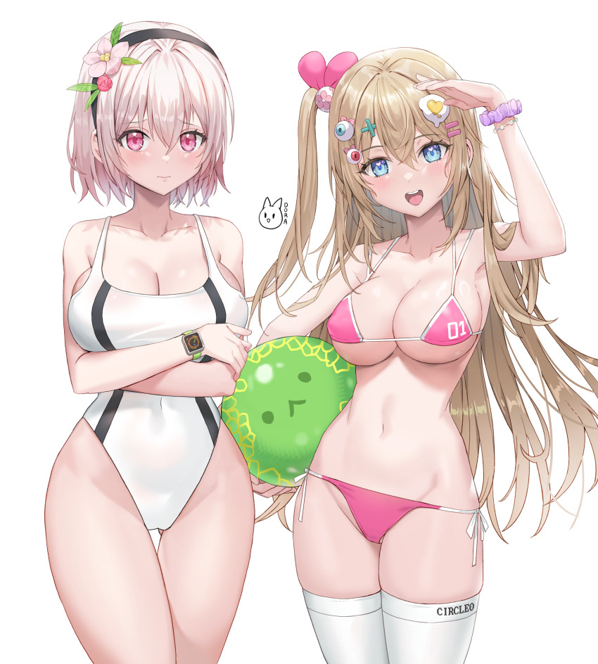 2girls, arm_up, armpits, arms_under_breasts, ball, bare_shoulders, beachball, bikini