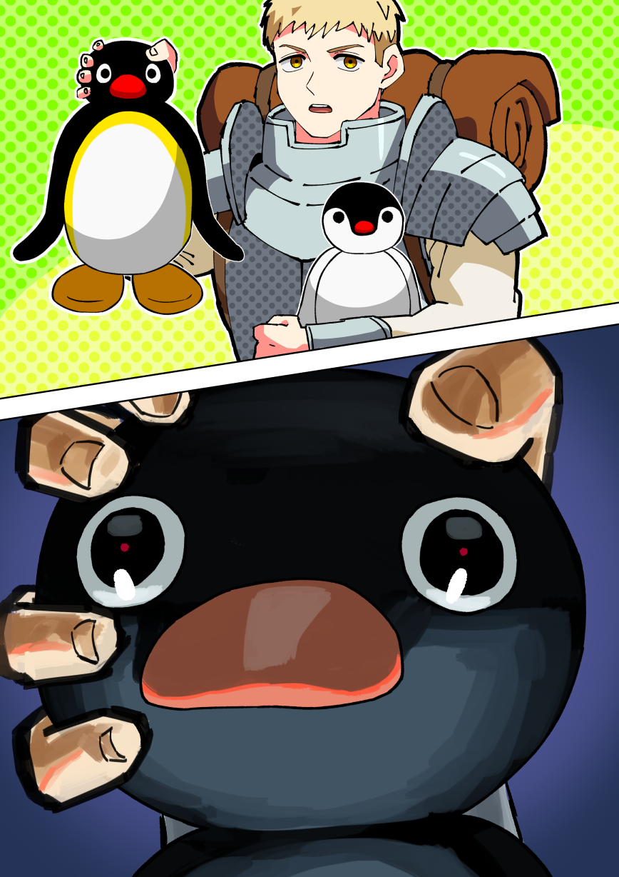 1boy, animal, armor, backpack, bag, bird, blonde_hair, breastplate, brown_eyes, close-up, commentary_request, crossover, dungeon_meshi, facing_viewer, green_background, highres, holding, holding_animal, joyoekaki, laios_touden, meme, open_mouth, penguin, pinga_(pingu), pingu, pingu_(series), plate_armor, polka_dot, polka_dot_background, shirt, short_hair, shoulder_armor, simple_background, terrified_noot_noot_(meme), upper_body, white_shirt