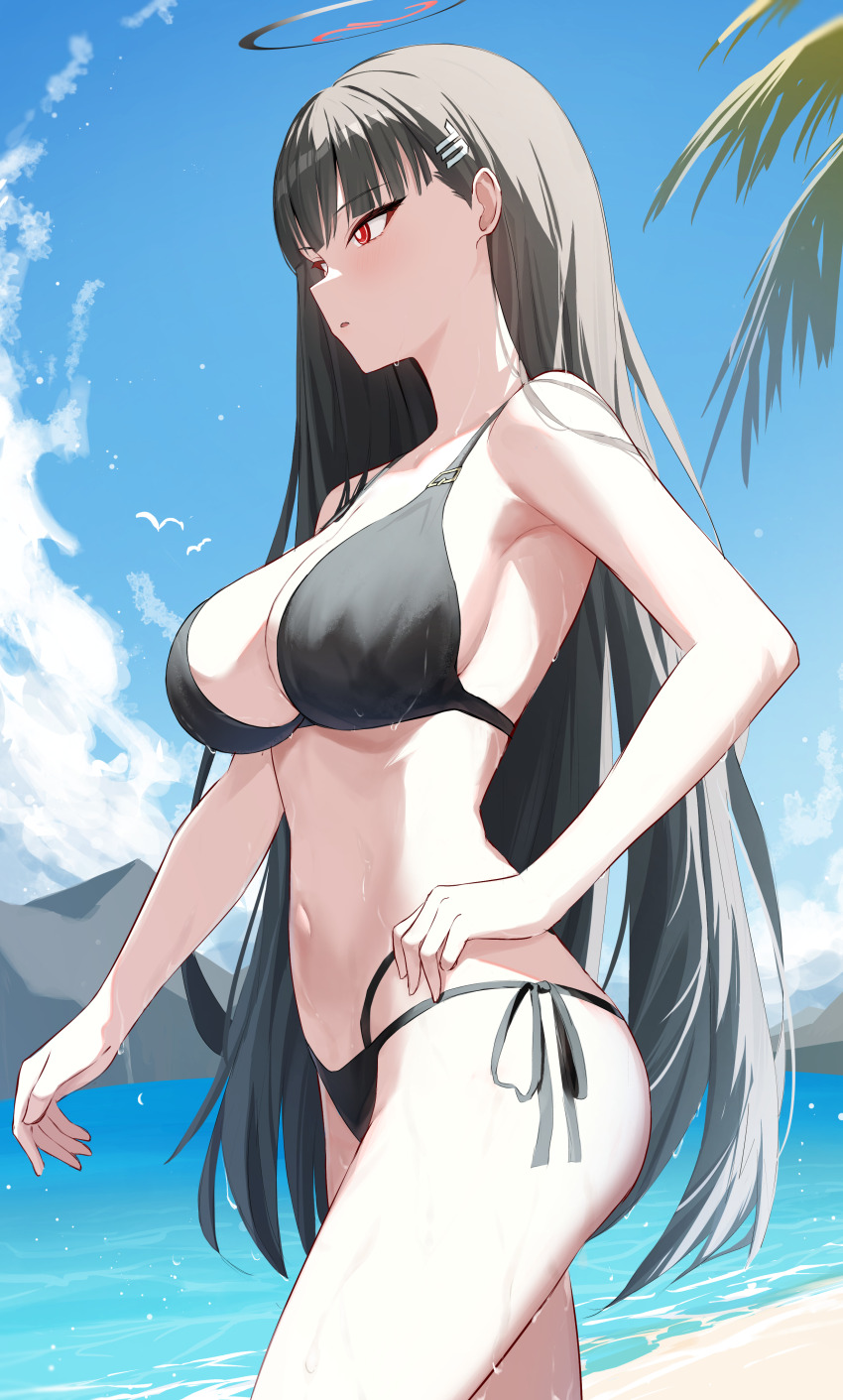 1girl, absurdres, anima_miko, ass, bare_arms, bare_legs, bare_shoulders, beach