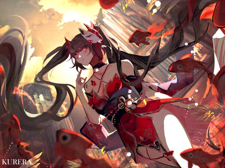 1girl, artist_name, artkurera, bell, black_choker, blush, bow, breasts