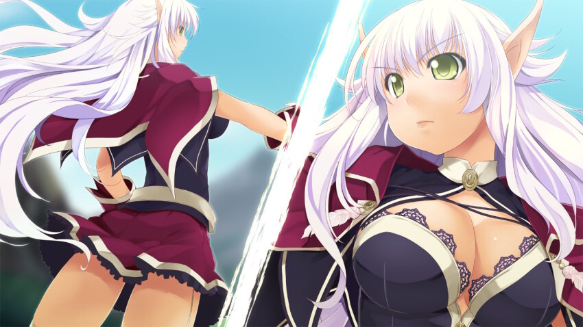 1girl, atelier-moo, breasts, cleavage, closed_mouth, dark-skinned_female, dark_elf, dark_skin