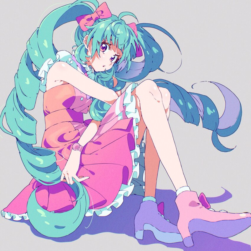 1girl, aozora_himari, aozora_himari_(cosplay), blue_hair, blunt_bangs, boots, bow, commentary_request, cosplay, dress, drill_hair, frilled_dress, frills, from_side, fujidera_minori, full_body, grey_background, hair_bow, high_heels, highres, himitsu_no_aipri, idol_clothes, knees_up, long_hair, looking_at_viewer, omega_auru, open_mouth, pink_boots, pink_bow, pink_dress, pink_eyes, pleated_dress, pretty_series, simple_background, sitting, sleeveless, sleeveless_dress, solo, tsujii_luki, twin_drills, twintails, very_long_hair, waccha_primagi!