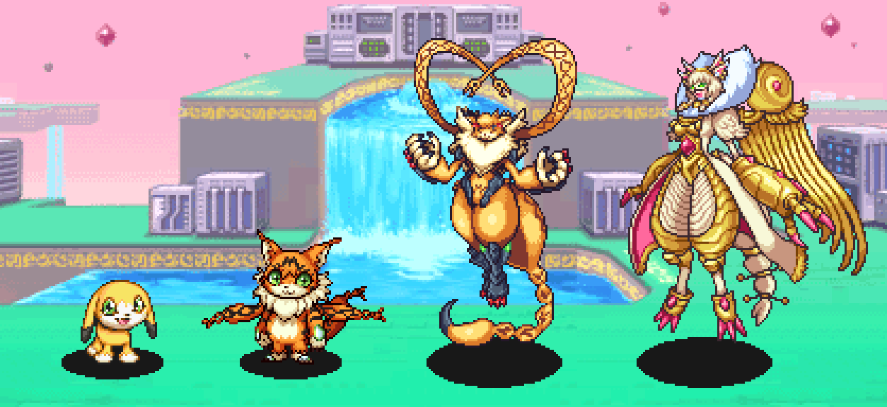 armor, cat, claws, digimon, digimon_(creature), dog, evolutionary_line, green_eyes, mask, meicoomon, meicoomon_child, meicrackmon, orange_fur, rasielmon