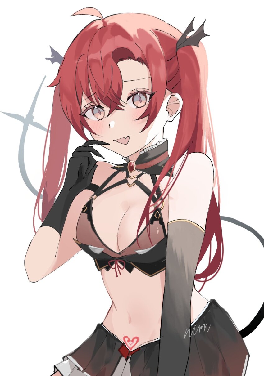 1girl, ahoge, black_gloves, blush, breasts, cleavage, commentary, elbow_gloves, eyelashes, fang, genderswap, genderswap_(mtf), gloves, hair_between_eyes, heart, heart_o-ring, highres, holostars, holostars_english, long_hair, looking_at_viewer, machina_x_flayon, machina_x_flayon_(1st_costume), mechanical_tail, medium_breasts, navel, o-ring, open_mouth, orange_eyes, pubic_tattoo, red_hair, signature, skin_fang, skirt, slit_pupils, solo, somnimuu, untranslatable_commentary, tail, tattoo, twintails, upper_body, virtual_youtuber, white_background