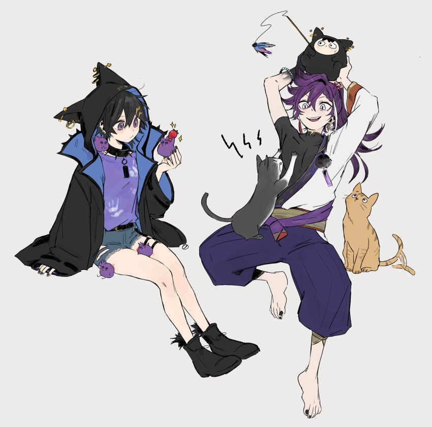 2boys, absurdres, animal_hood, arms_up, banzoin_hakka, banzoin_hakka_(1st_costume), barefoot, black_hair