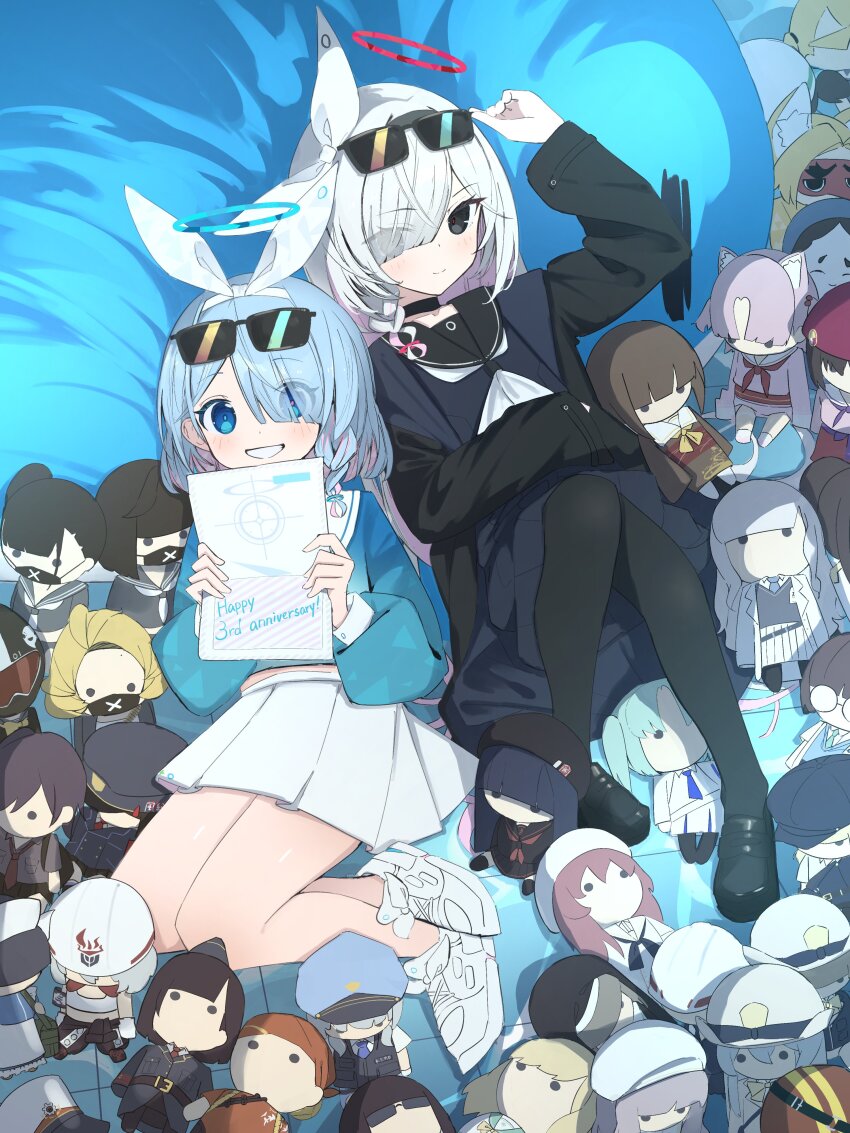 2girls, absurdres, administrative_official_(blue_archive), arona_(blue_archive), battle_karuta_club_member_(blue_archive), black_choker, black_coat, black_eyes