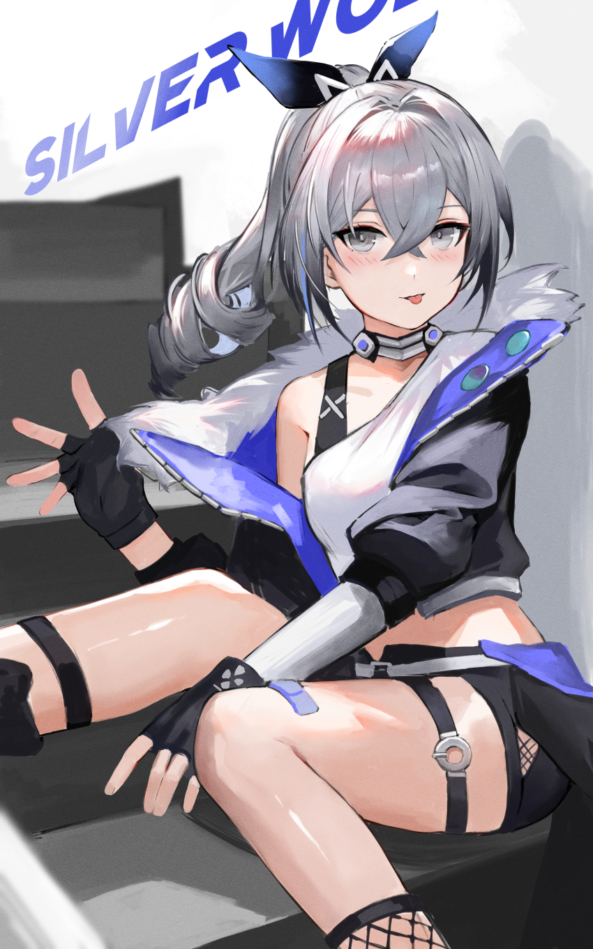 1girl, :p, absurdres, black_gloves, black_jacket, black_shorts, bra_strap, character_name