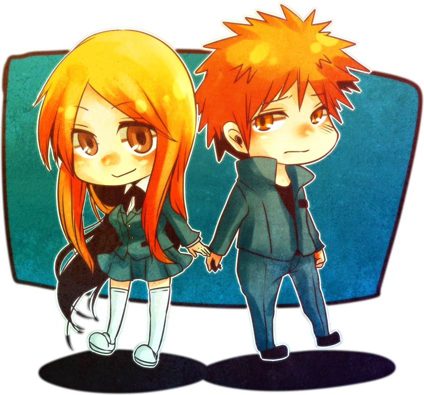 1boy, 1girl, bleach, blush, chibi, couple, hetero, highres, holding_hands, inoue_orihime, karakura_high_school_uniform, kneehighs, kurosaki_ichigo, long_hair, orange_hair, school_uniform, skirt, socks, yougirasu