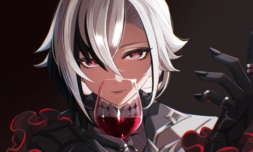 1girl, absurdres, alcohol, arlecchino_(genshin_impact), basilian_31, black_background, black_hair, black_nails