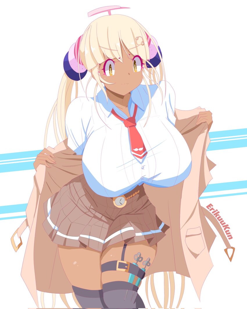 1girl, blonde_hair, breasts, brown_cloak, cloak, cosplay, dark-skinned_female, dark_skin