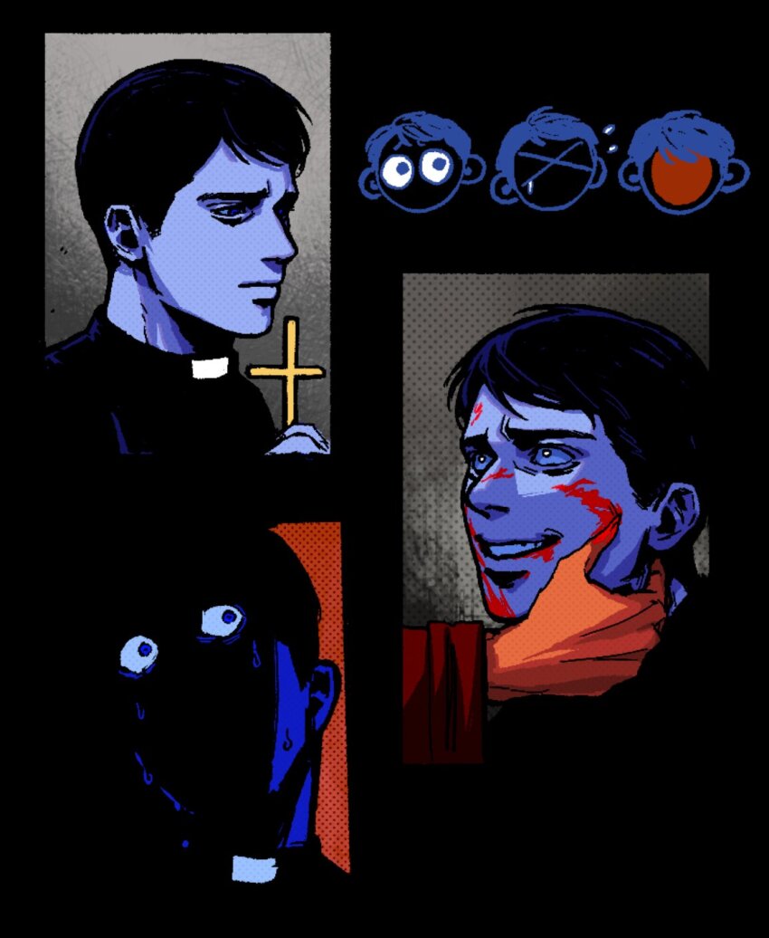 2boys, black_background, blood, blood_from_mouth, blood_on_face, cassock, character_request, check_character