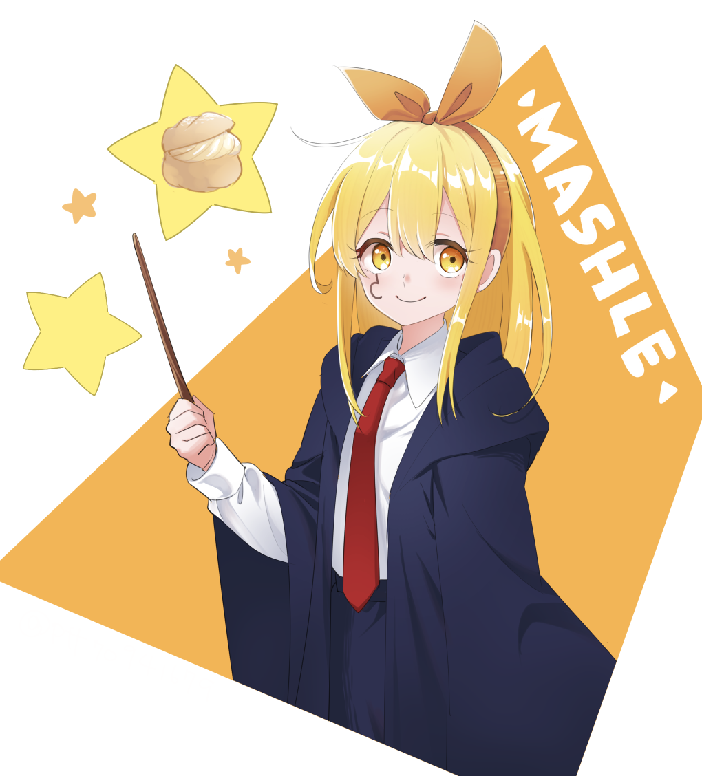 1girl, black_robe, blonde_hair, collared_shirt, cream_puff, food, lemon_irvine, long_sleeves, mashle, necktie, ptt, red_necktie, robe, shirt, smile, solo, star_(symbol), upper_body, wand, yellow_eyes