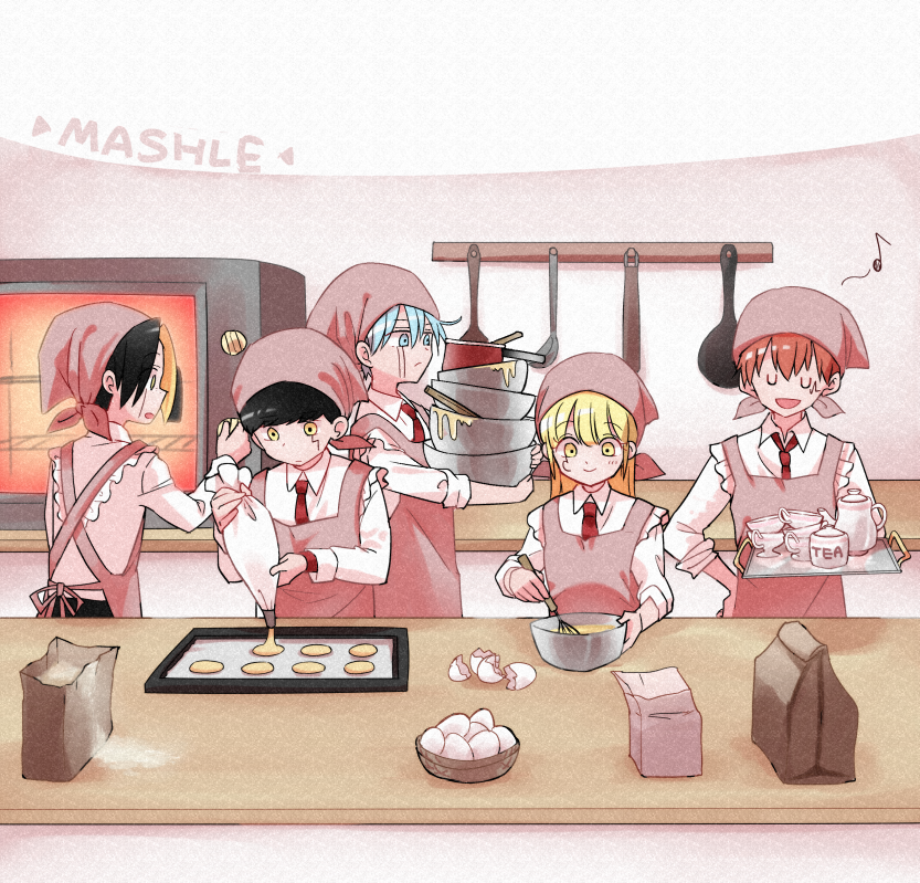 1girl, 4boys, apron, batter, black_hair, blonde_hair, blue_eyes, blue_hair
