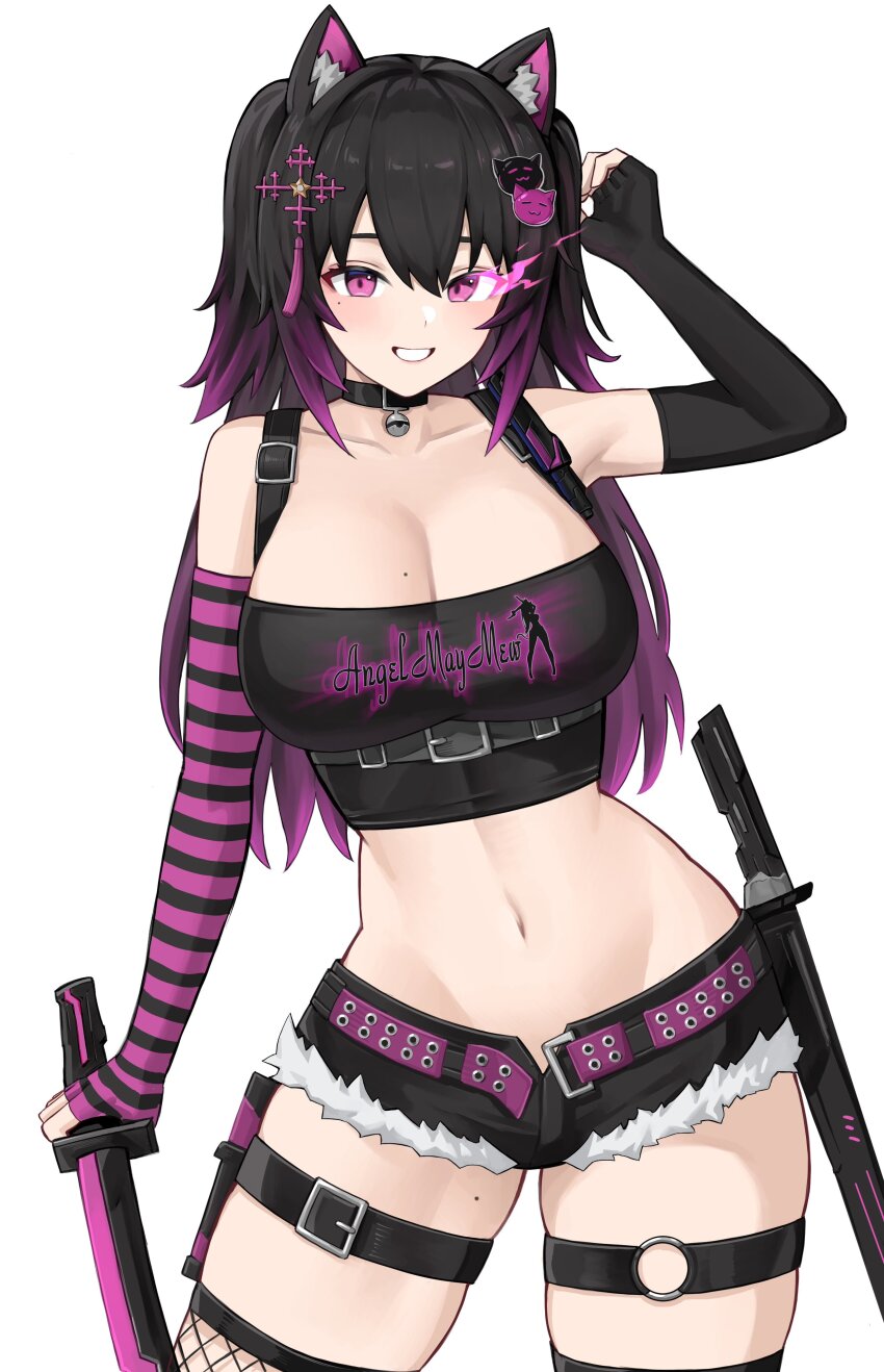 1girl, absurdres, animal_ear_fluff, animal_ears, arm_up, asymmetrical_gloves, bell, belt