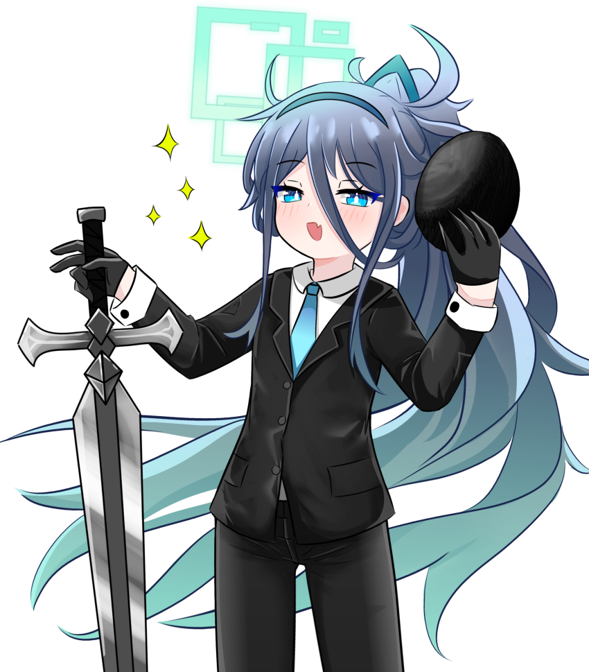 1girl, absurdres, aris_(blue_archive), blue_archive, blue_eyes, blue_hair, cosplay, formal_clothes