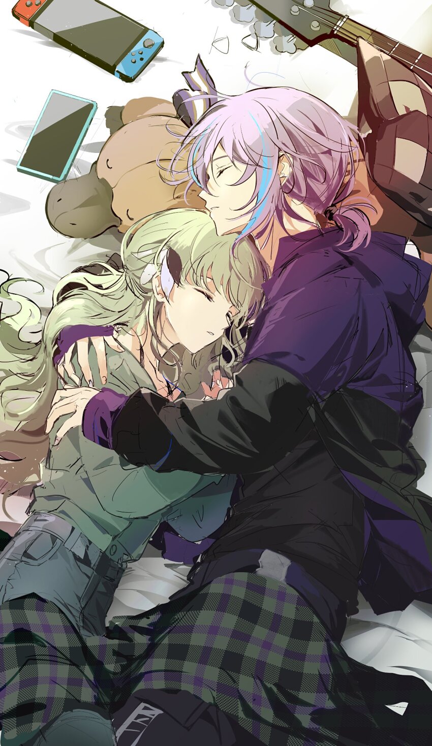 1boy, 1girl, highres, hug, iwatnc, kamishiro_rui, kusanagi_nene, nintendo_switch