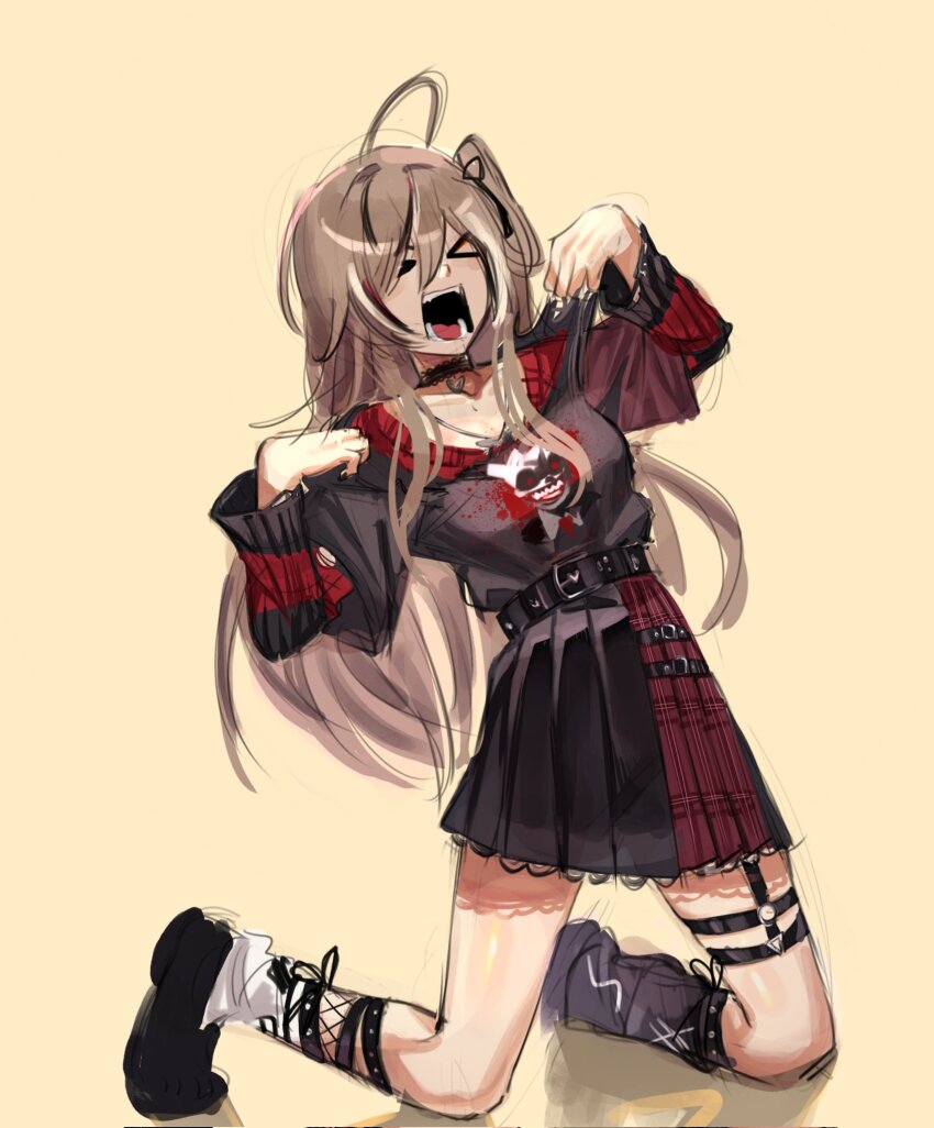 >_<, 1girl, ahoge, black_choker, black_hair, black_leg_warmers, black_ribbon, black_shirt