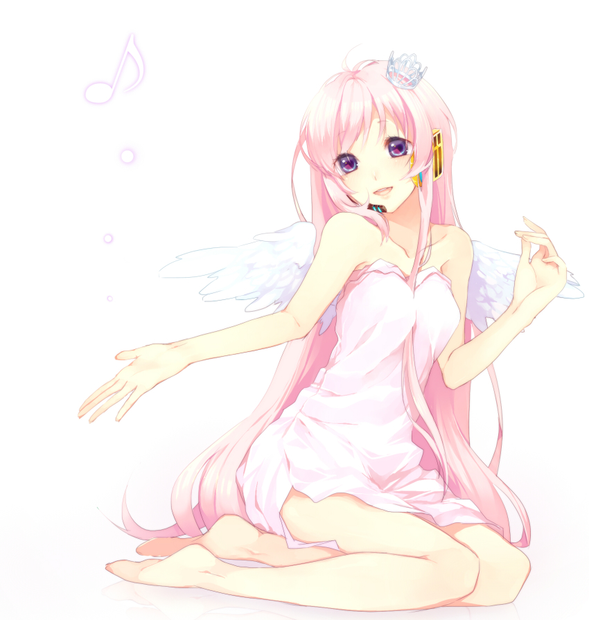 1girl, angel_wings, aobara, barefoot, blue_eyes, crown, dress, female_focus, full_body, gradient_background, headphones, headset, highres, long_hair, megurine_luka, pink_hair, simple_background, sitting, smile, solo, vocaloid, white_background, white_dress, wings