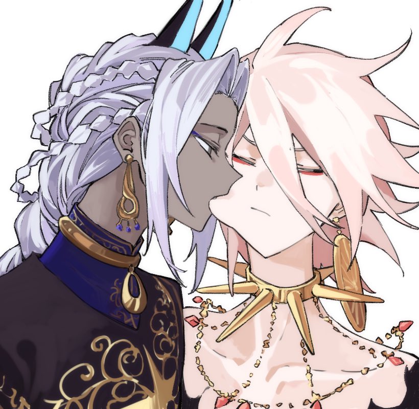 2boys, arjuna_(fate), arjuna_alter_(fate), asian_indian_clothes, biting, biting_cheek, blue_eyeshadow, brothers