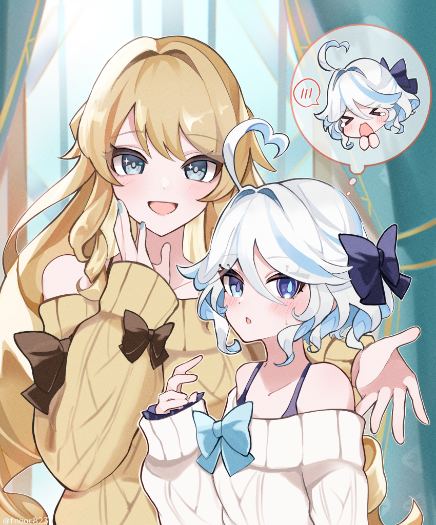 2girls, absurdres, ahoge, blue_eyes, blue_hair, blush, chaena_(exmd3552), commentary_request