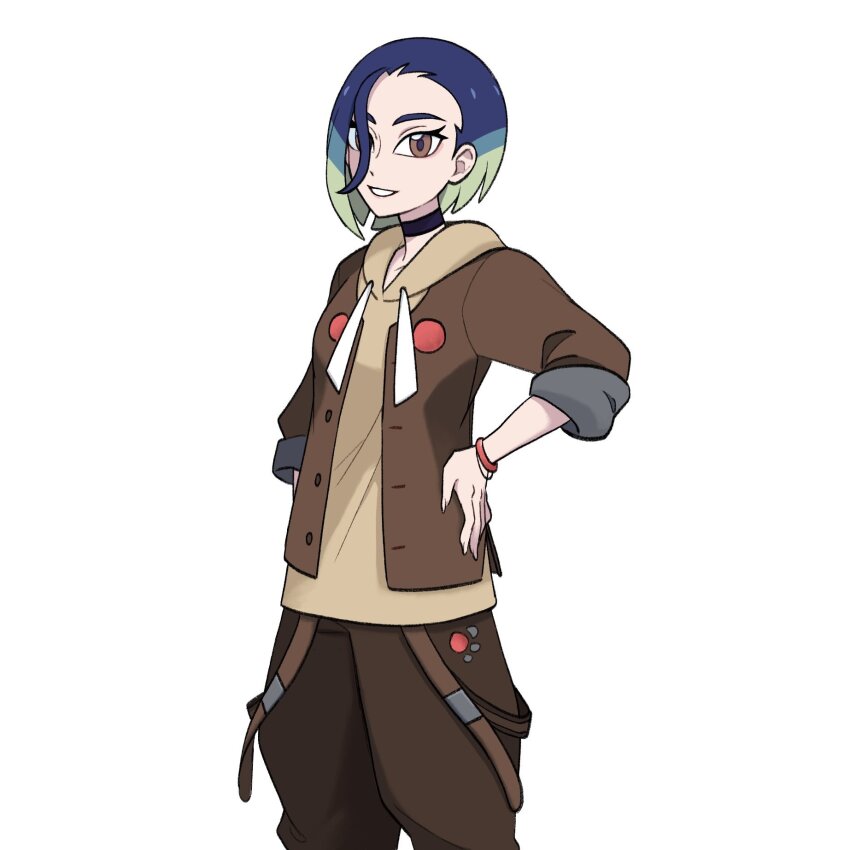 1girl, adaman_(pokemon), adaman_(pokemon)_(cosplay), adaman_(special_costume)_(pokemon), blue_hair, bracelet, brown_eyes, brown_jacket