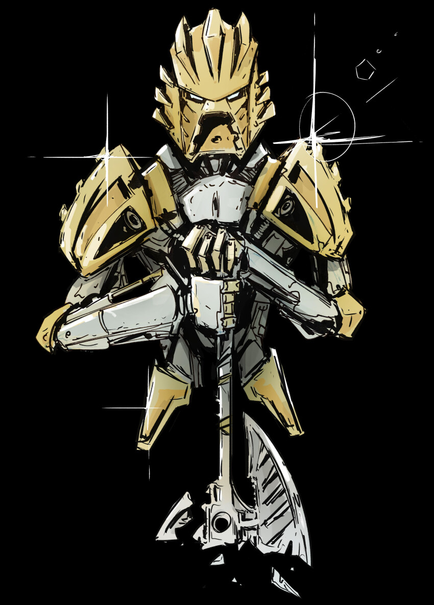 absurdres, axe, bionicle, black_background, eden_sanders, glint, hand_on_hilt, highres, holding, holding_axe, humanoid_robot, kanohi_(bionicle), looking_down, mask, robot, simple_background, solo, takanuva_(bionicle), the_lego_group, western_comics_(style), yellow_eyes
