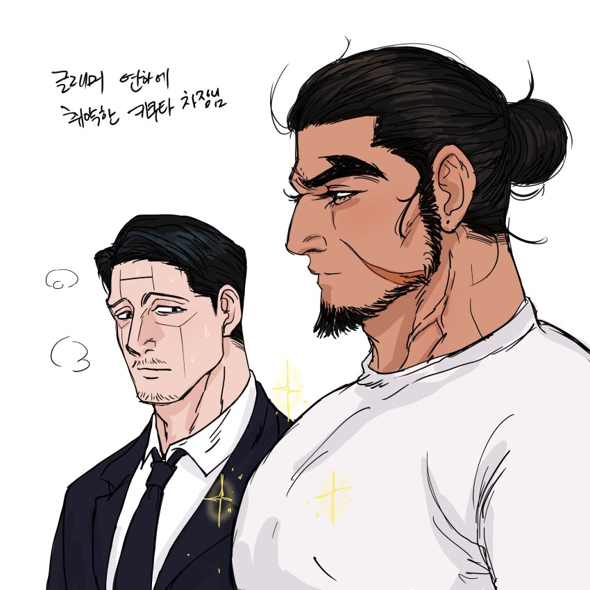 2boys, absurdres, bara, black_hair, covered_erect_nipples, dark-skinned_male, dark_skin, facial_hair